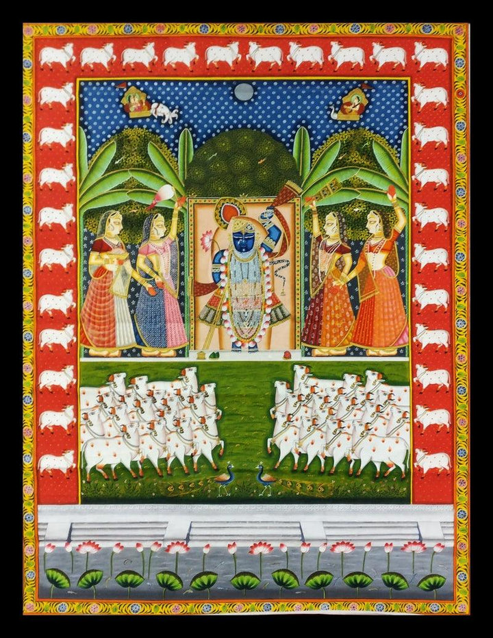 Religious pichwai traditional art titled 'Sharad Purnima 1', 60x42 inches, by artist Unknown on Cloth