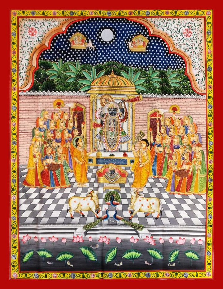 Religious pichwai traditional art titled 'Sharad Purnima 2', 48x36 inches, by artist Unknown on Cloth