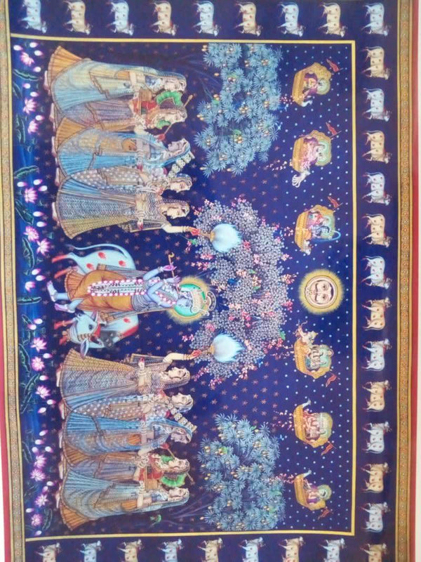 Religious tribal painting titled 'Sharad Purnima', 36x60 inches, by artist Rajendra Khanna on Cloth