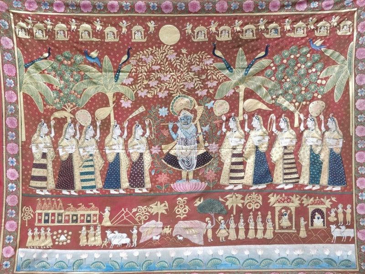 Religious pichwai traditional art titled 'Sharad Purnima In Deccan Style Pichwai', 60x72 inches, by artist Pichwai Art on Cloth