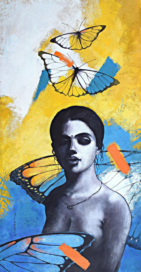 Figurative acrylic painting titled 'She 17', 48x24 inches, by artist Kishore Pratim Biswas on Canvas