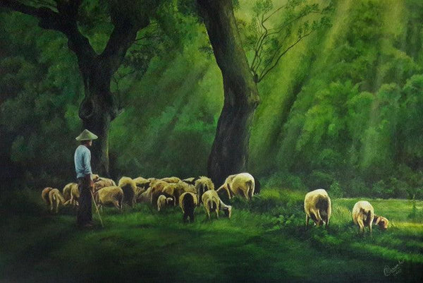 Figurative acrylic painting titled 'Shepherd', 24x36 inches, by artist Prasad Karambat on Canvas Board