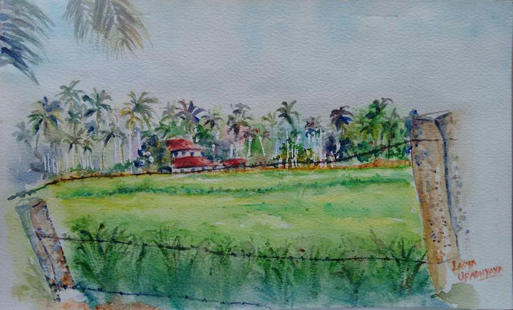 Landscape watercolor painting titled 'Shimoga landscape', 14x8 inches, by artist Lasya Upadhyaya on Paper