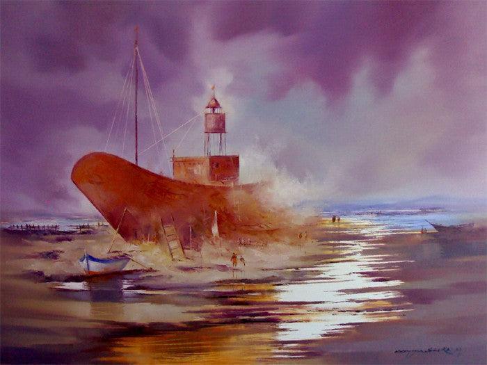 Seascape oil painting titled 'Ship in the River', 36x48 inches, by artist Narayan Shelke on Canvas