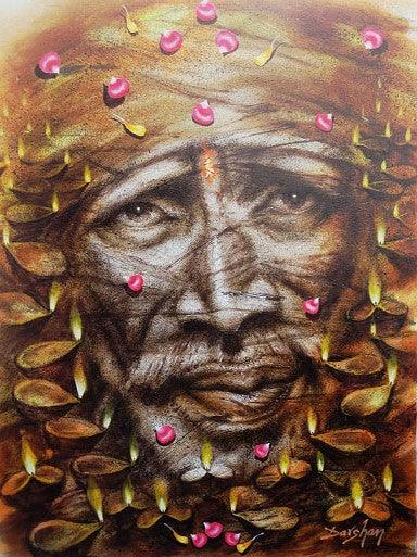 Figurative oil painting titled 'Shirdi Sai Baba', 48x36 inches, by artist Darshan Sharma on Canvas