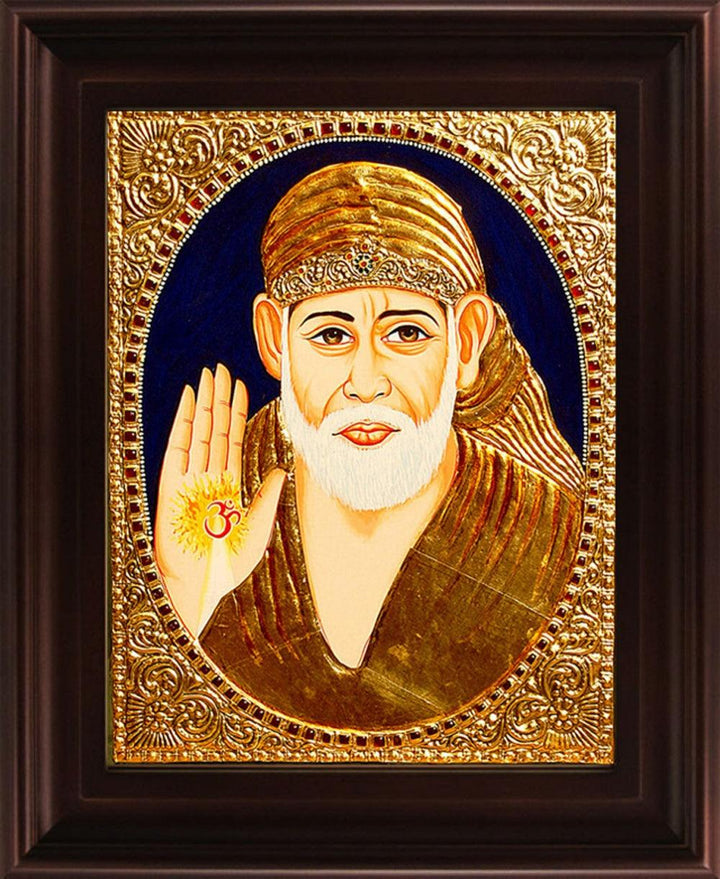 Religious tanjore traditional art titled 'Shirdi Sai Baba Tanjore Painting', 24x18 inches, by artist Myangadi Tanjore on Plywood