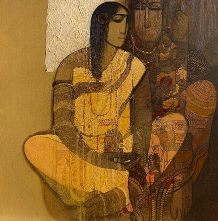 Religious acrylic painting titled 'Shiv And Parvati 5', 48x48 inches, by artist Siddharth Shingade on Canvas