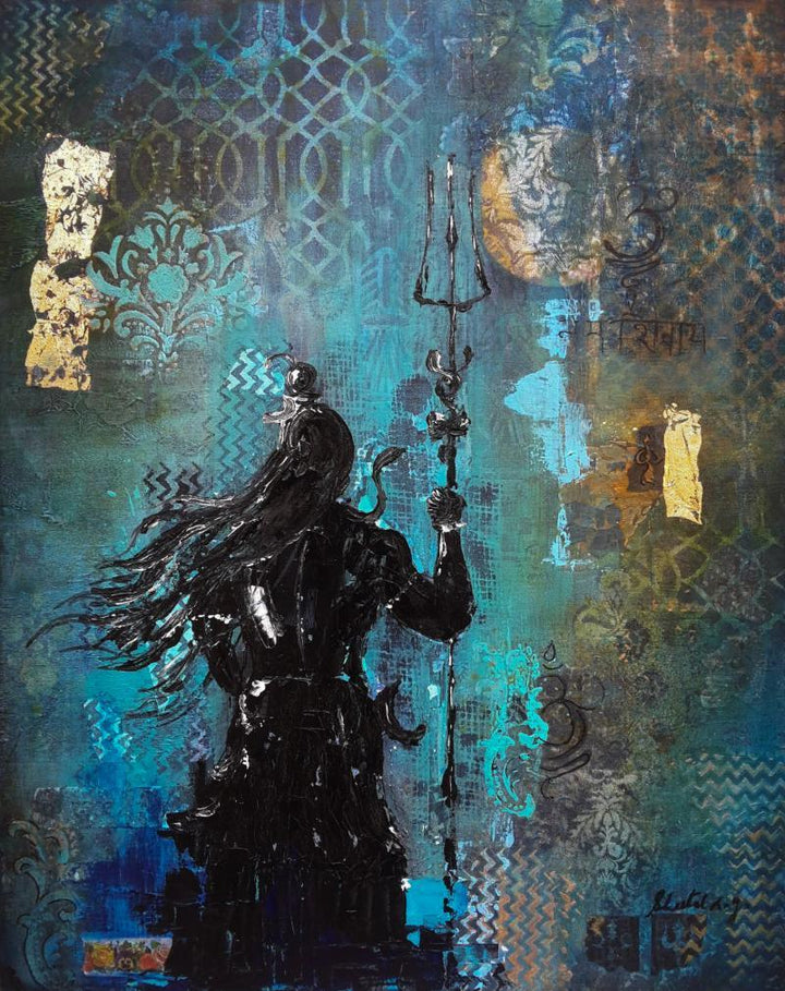 Religious mixed media painting titled 'Shiv', 30x24 inches, by artist Sheetal Singh on Canvas