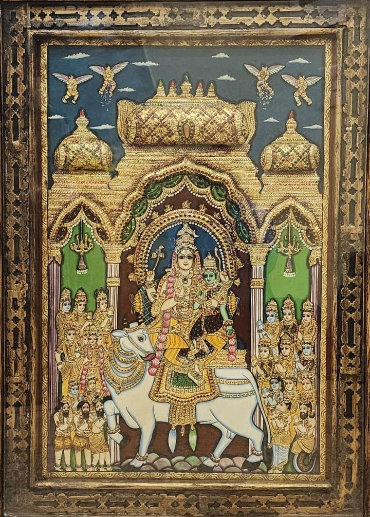 Religious tanjore traditional art titled 'Shiv Barat', 36x24 inches, by artist Tanjore Tanjaur on Wood