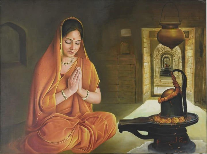 Religious oil painting titled 'Shiv Bhakt', 48x36 inches, by artist Kamal Rao on Canvas