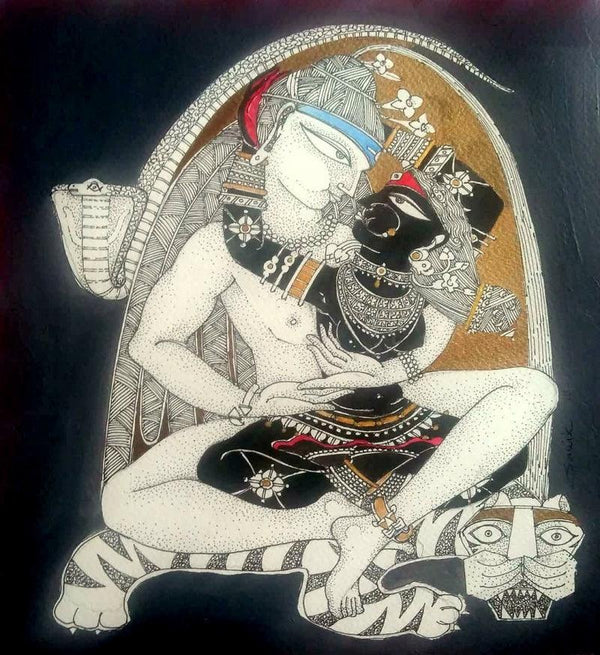 Religious acrylic ink painting titled 'Shiv Durga', 12x12 inches, by artist Samik De on Paper