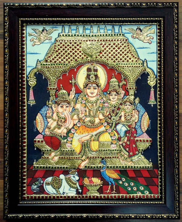 Religious tanjore traditional art titled 'Shiv Family Tanjore Painting', 22x18 inches, by artist VANI VIJAY on Plywood