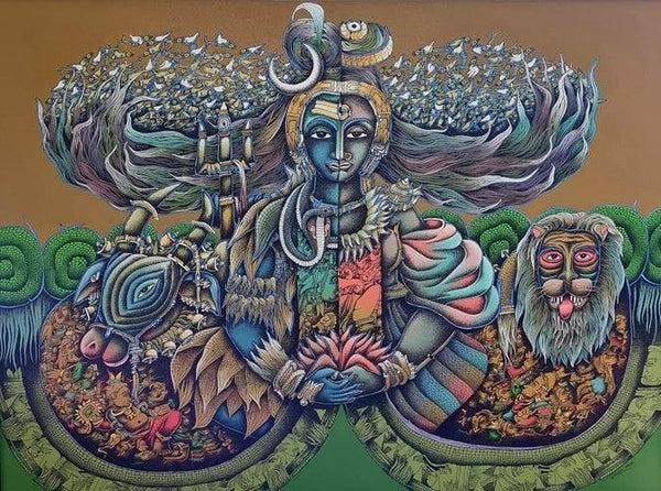 Religious acrylic painting titled 'Shiv Nandani', 36x48 inches, by artist Jitendra Dangi on Canvas