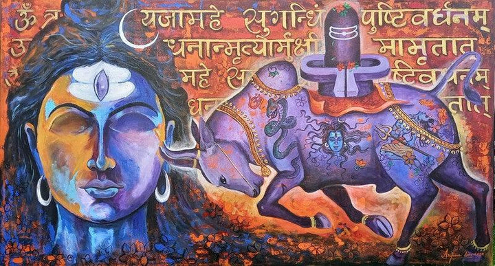 Religious acrylic painting titled 'Shiv Nandi', 33x60 inches, by artist Arjun Das on Canvas