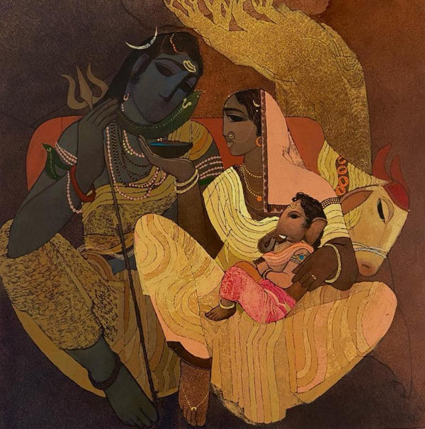 Religious acrylic painting titled 'Shiv Parvathi And Lord Ganesha', 30x30 inches, by artist Siddharth Shingade on Canvas