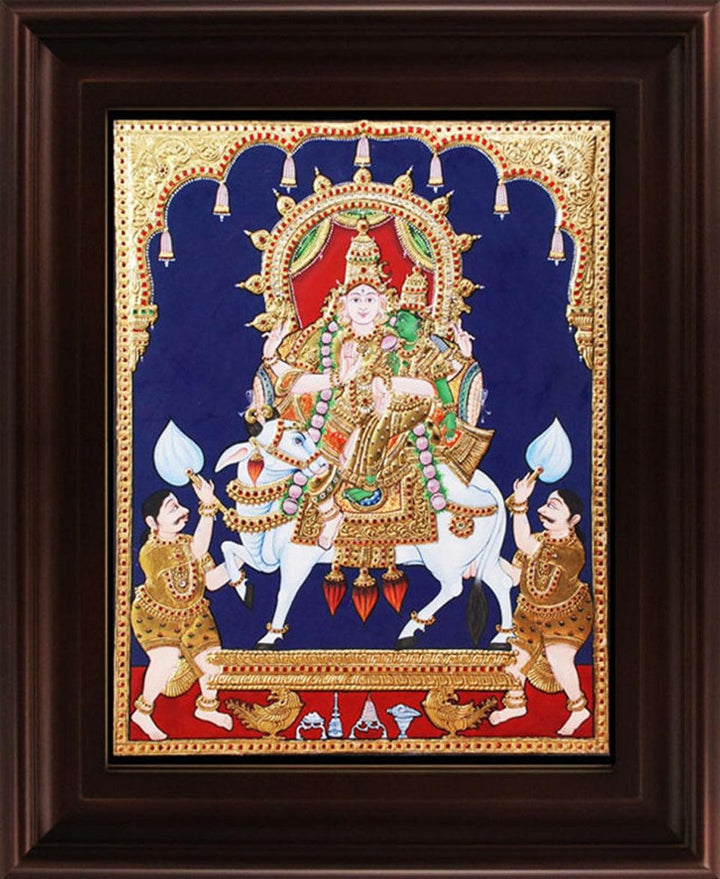 Religious tanjore traditional art titled 'Shiv Parvathi Tanjore Painting', 24x18 inches, by artist Myangadi Tanjore on Plywood