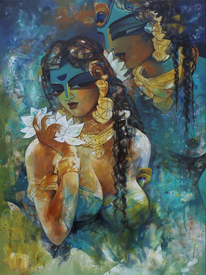 Religious acrylic painting titled 'Shiv Parvati 1', 36x48 inches, by artist N P Rajeshwarr on Canvas