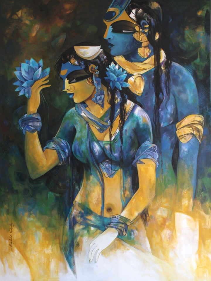 Religious acrylic painting titled 'Shiv Parvati 2', 36x48 inches, by artist N P Rajeshwarr on Canvas