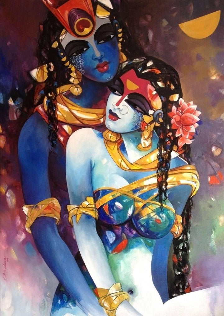 Religious acrylic painting titled 'Shiv Parvati 4', 36x36 inches, by artist N P Rajeshwarr on Canvas