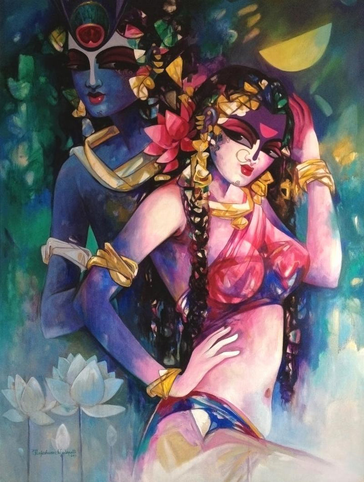 Figurative acrylic painting titled 'Shiv Parvati In Rhythm I', 48x36 inches, by artist Rajeshwar Nyalapalli on Canvas