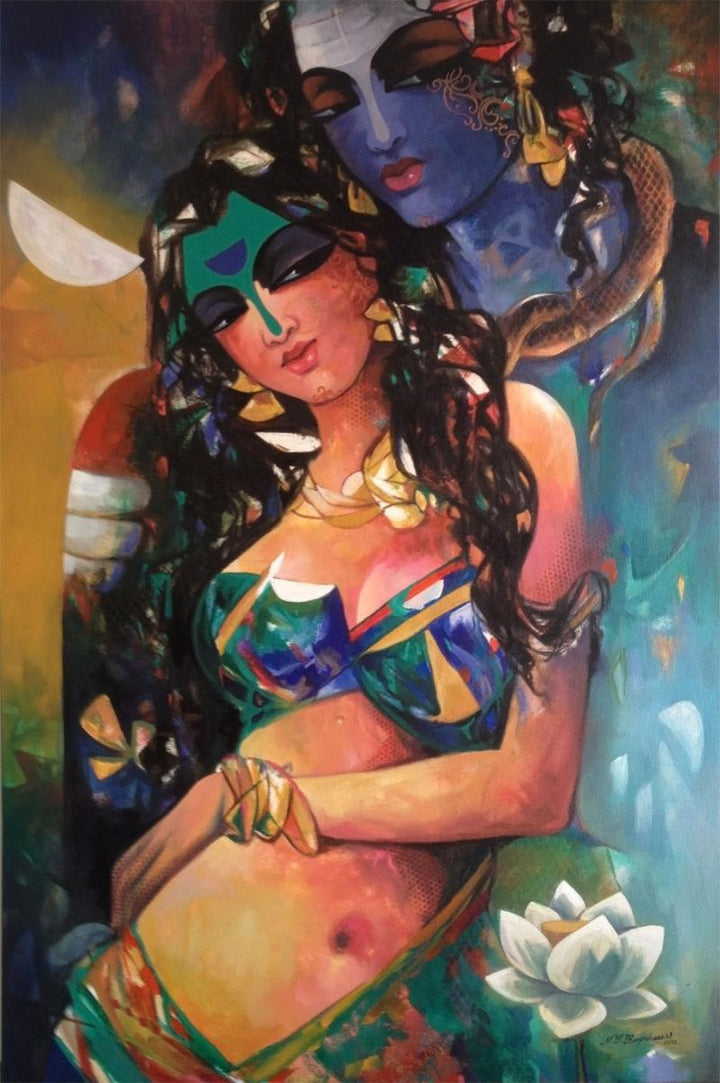 Figurative acrylic painting titled 'Shiv Parvati In Rhythm Ii', 36x24 inches, by artist Rajeshwar Nyalapalli on Canvas