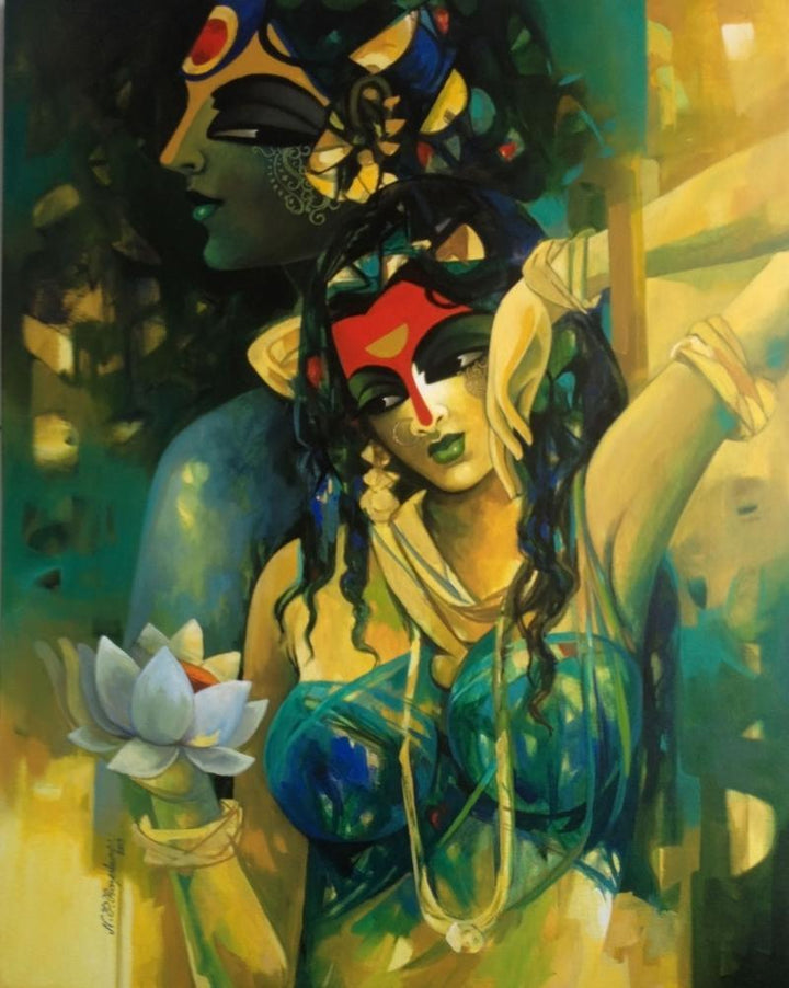 Figurative acrylic painting titled 'Shiv Parvati In Rhythm Iii', 30x24 inches, by artist Rajeshwar Nyalapalli on Canvas