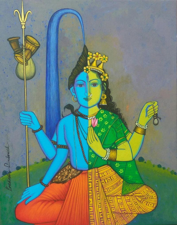 Religious acrylic painting titled 'Shiv Shakti', 17x14 inches, by artist Prakash Deshmukh on Canvas