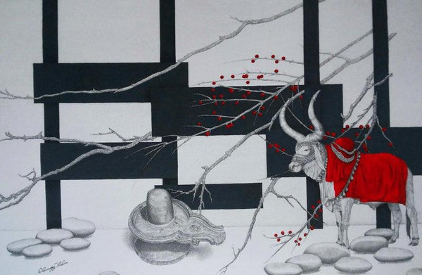 Religious pen ink drawing titled 'Shiva 2', 36x54 inches, by artist Dhananjay Thakur on Canvas