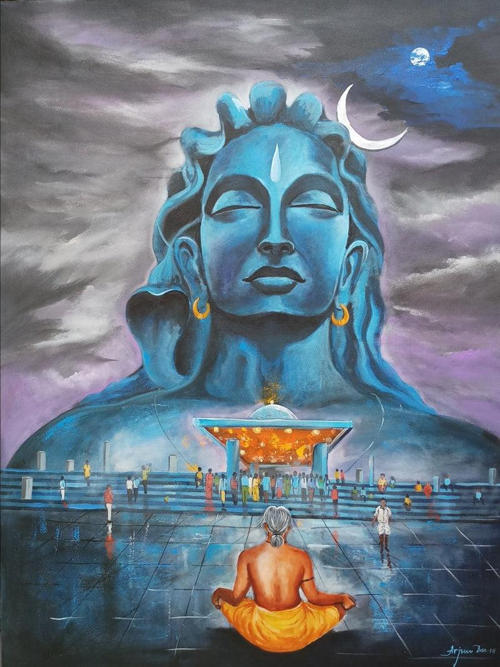 Religious acrylic painting titled 'Shiva Aadiyogi', 36x48 inches, by artist Arjun Das on canvas