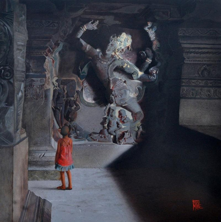 Cityscape oil painting titled 'Shiva Dancing Tandava', 35x35 inches, by artist Raju More on Canvas