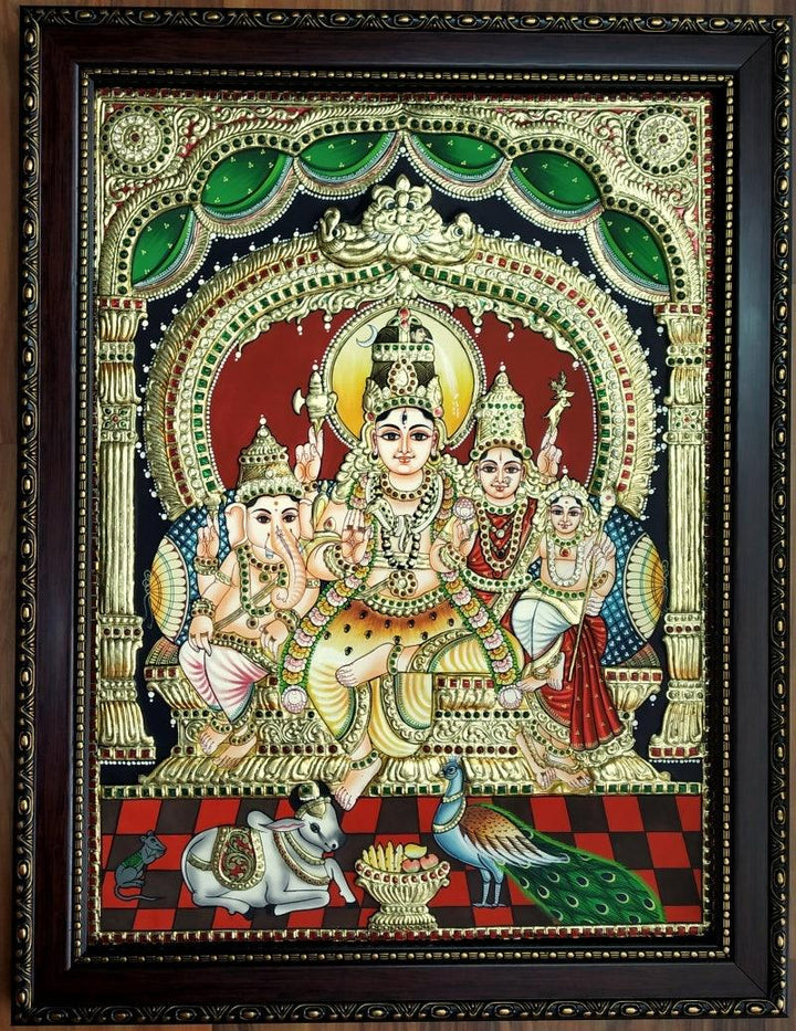 Religious tanjore traditional art titled 'Shiva Family Tanjore Painting 1', 24x18 inches, by artist VANI VIJAY on Plywood