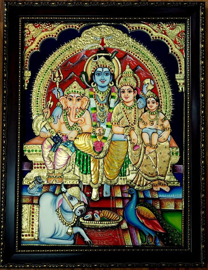 Religious tanjore traditional art titled 'Shiva Family Tanjore Painting 3', 24x18 inches, by artist VANI VIJAY on Plywood