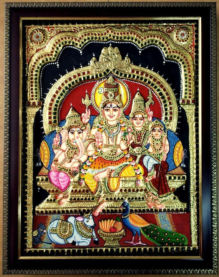 Religious tanjore traditional art titled 'Shiva Family Tanjore Painting 4', 18x14 inches, by artist VANI VIJAY on Plywood