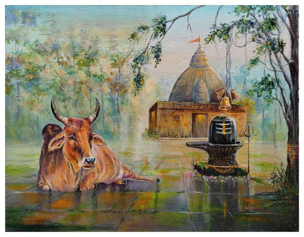 Religious acrylic painting titled 'Shiva Linga Nandi', 14x18 inches, by artist Barnali Ray on Canvas Board