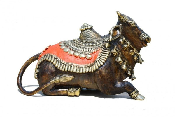 Religious sculpture titled 'Shiva Nandi', 6x8x4 inches, by artist Kushal Bhansali on Brass