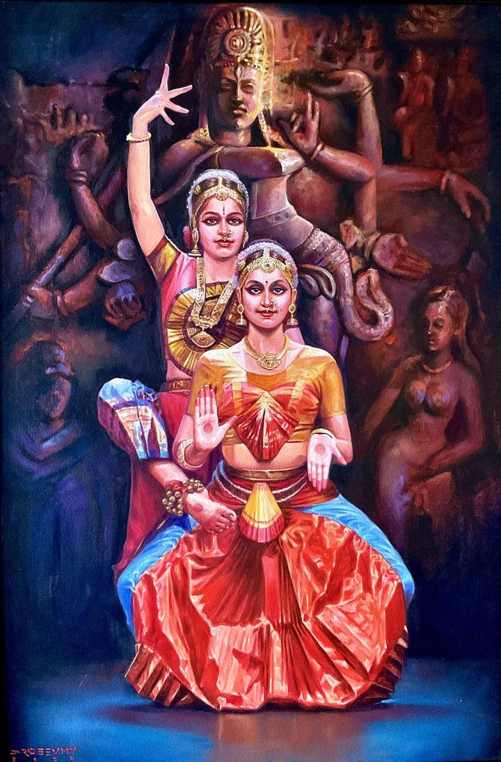 Religious oil painting titled 'Shiva Parvati Abhaya', 36x24 inches, by artist Rajeev M Y on Canvas