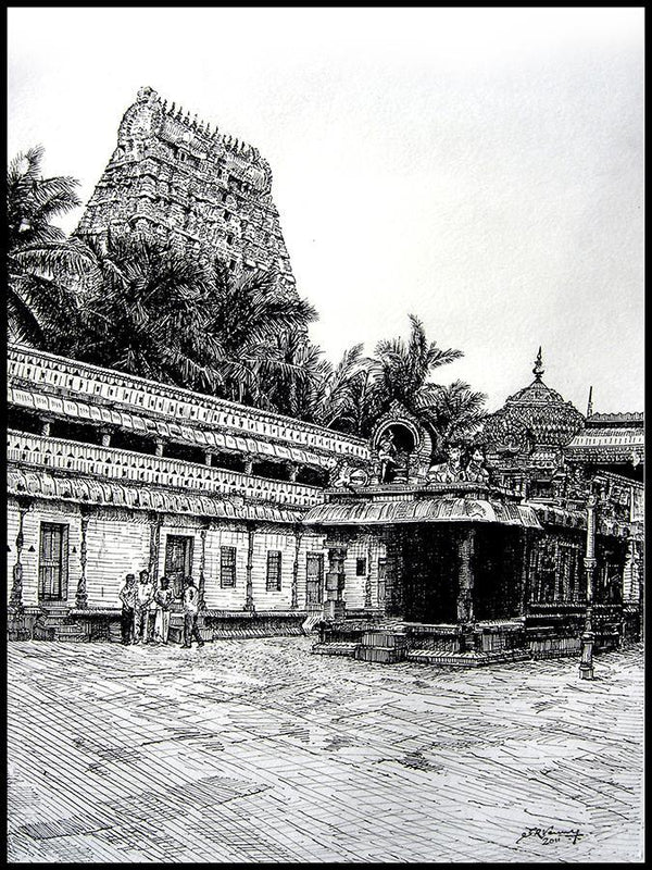 Cityscape pen ink painting titled 'Shiva Temple View', 15x11 inches, by artist SRV ARTIST on Canson Paper