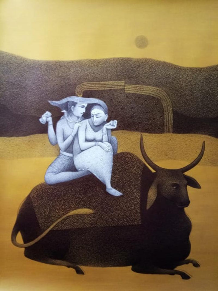 Religious mixed media painting titled 'Shiva With Parvati', 30x35 inches, by artist Mohammed Suleman on Canson Paper