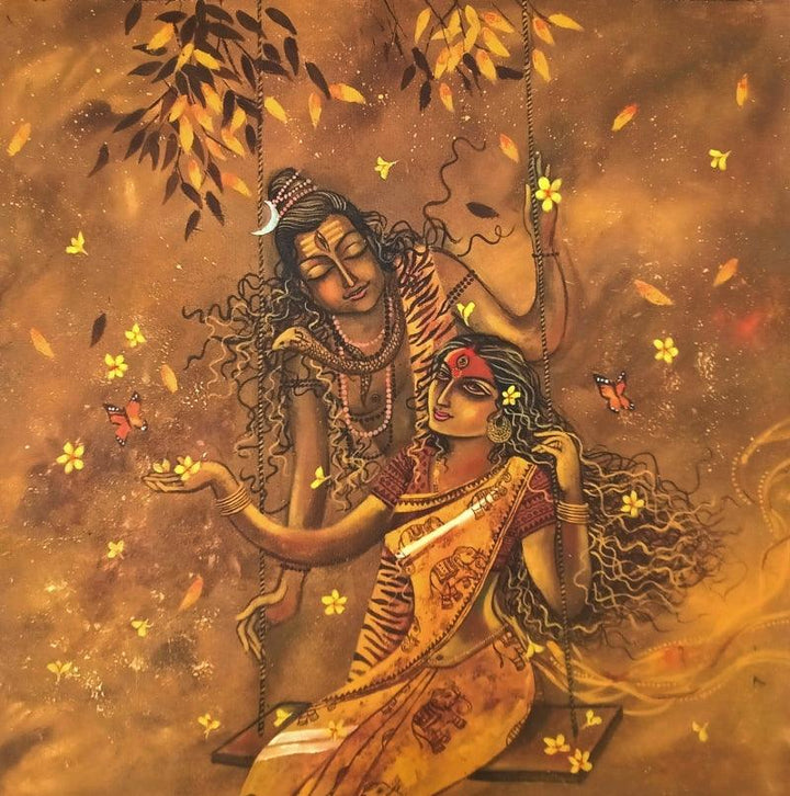 Religious acrylic painting titled 'Shivasakti', 20x20 inches, by artist Lisha N T on Canvas