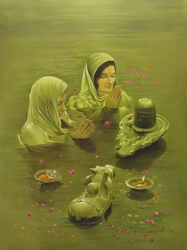 Realistic oil painting titled 'Shivling and Nandi', 36x48 inches, by artist Kamal Rao on Canvas