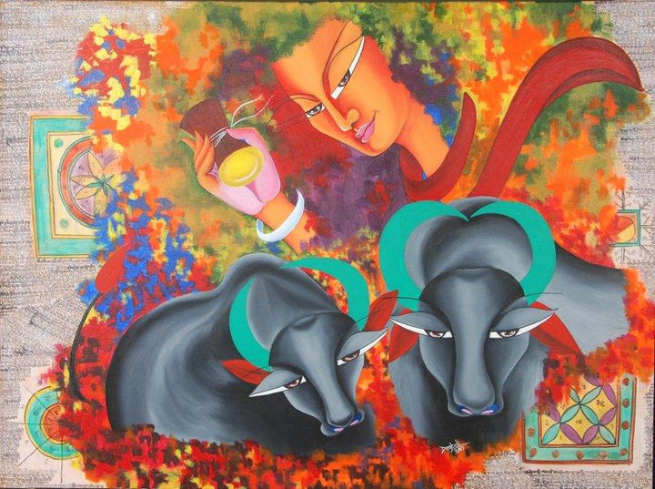 Figurative acrylic painting titled 'Shivohum 5', 36x48 inches, by artist Deepali Mundra on Canvas