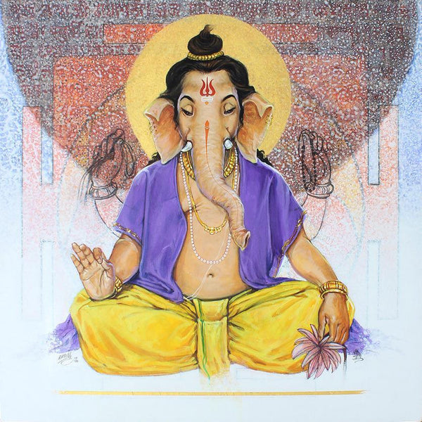 Religious acrylic charcoal painting titled 'Shree Ganesh 2', 30x30 inches, by artist Ramchandra Kharatmal on Canvas