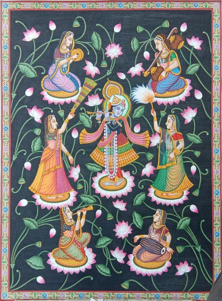 Religious pichwai traditional art titled 'Shree Krishna Lotus', 48x36 inches, by artist Surkhi Arts on Cloth