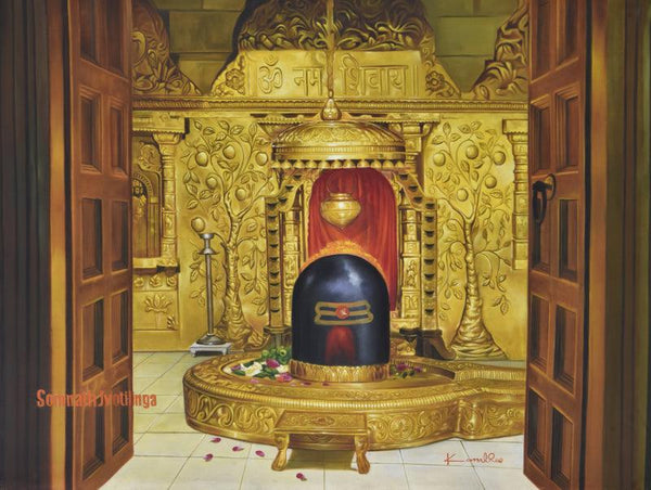 Religious oil painting titled 'Shree Somnath Jyotirlinga', 48x36 inches, by artist Kamal Rao on Canvas