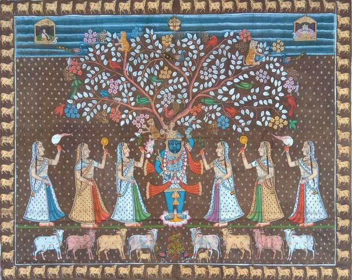 Religious pichwai traditional art titled 'Shreenath Ji Khajdi Tree', 60x84 inches, by artist Surkhi Arts on Cloth