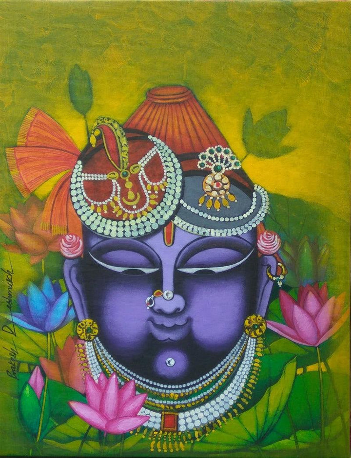 Religious acrylic painting titled 'Shreenathji', 18x14 inches, by artist Prakash Deshmukh on Canvas