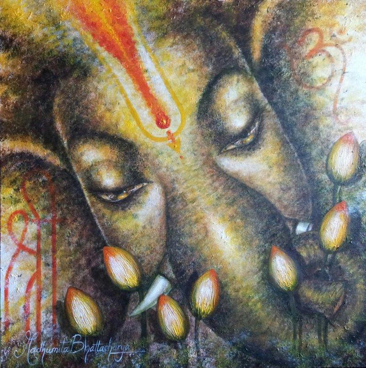 Religious acrylic painting titled 'Shri Ganesh', 30x30 inches, by artist Madhumita Bhattacharya on Canvas