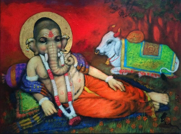 Religious acrylic painting titled 'Shri Ganesha', 12x16 inches, by artist Apet Pramod on Canvas