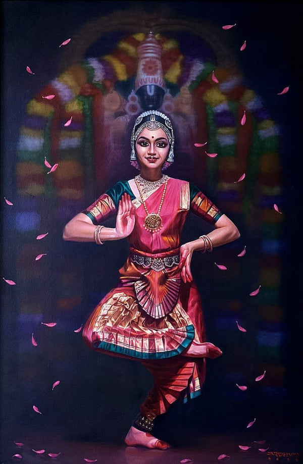 Religious oil painting titled 'Shri Lakshmy', 36x24 inches, by artist Rajeev M Y on Canvas