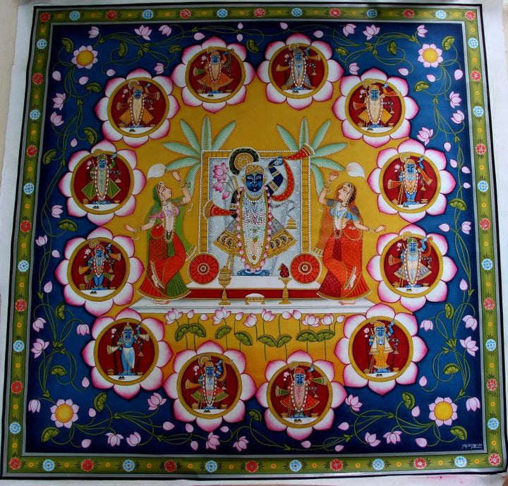 Religious pichwai traditional art titled 'Shrinathji 12 Pichwai Painting', 36x36 inches, by artist Yugdeepak Soni on Cloth